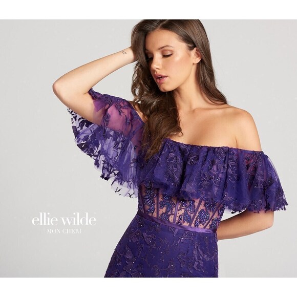 Ellie Wilde Boho Off Shoulder Lace Dress EW118110 Purple - Picture 2 of 7